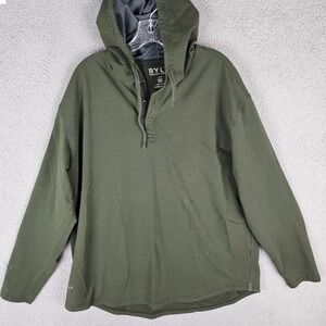 BYLT Drop Cut Hooded Henley Lux Shirt Mens 2XL Green Long Sleeve Pullover Casual